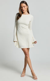 Melissa Mini Dress - Flared Long Sleeve A Line Dress in Off White
